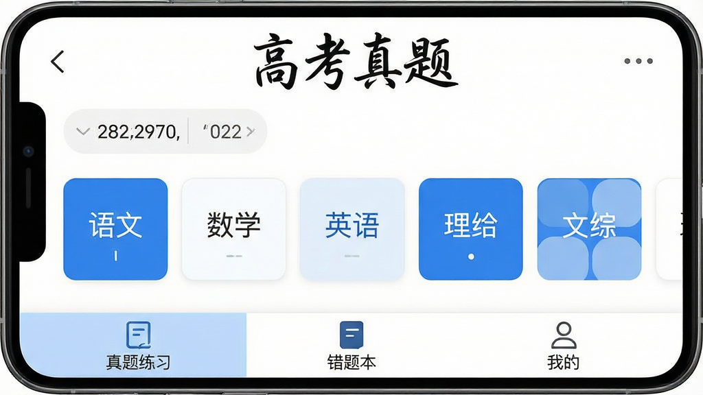 һ���ֻ�Ӧ�ý����ͼ��չʾ���߿����⡱App�������棬�����С��߿����⡱��д���������ѡ�������м��ǿ�Ŀ���࿨Ƭ���������ġ���ѧ��Ӣ����ۡ����ۣ��ײ��ǡ�������ϰ�������Ȿ�����ҵġ�����������ǩ�����岼��������������ɫ��������ִ������ʸɾ����޶���Ԫ��