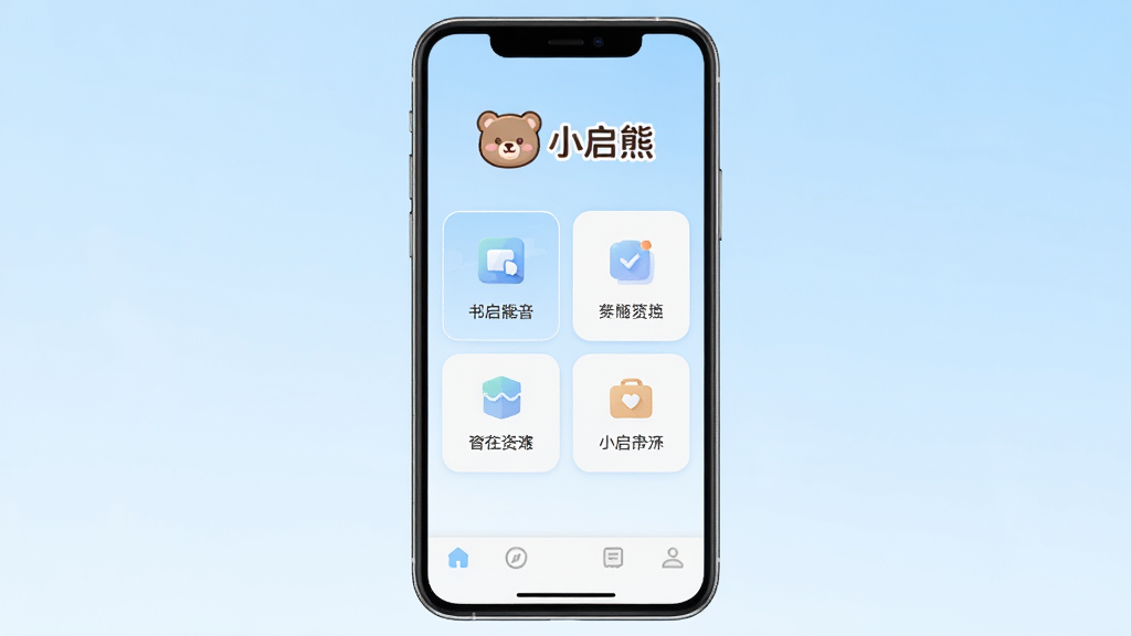 һ���ֻ�Ӧ�ý���չʾͼ������������С����App����ҳ������Ϊ��͵�ǳ��ɫ���䣬�����пɰ��Ŀ�ͨС��ͼ��͡�С���ܡ����֣��м����������ż������Ĺ��ܿ�Ƭ���ײ��ǵ����������������¼�࣬���ʸɾ����޶���Ԫ��