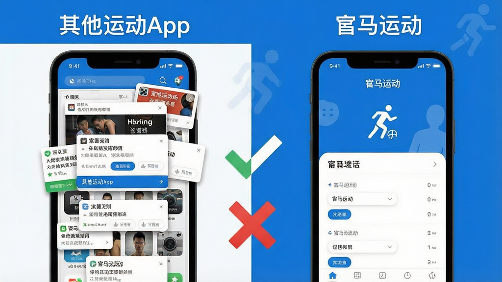 һ�ŶԱȷ���ʾ��ͼ������ǡ������˶�App��������浯�������ҽ��棬�Ҳ��ǡ�����˶����ɾ���ˬ�Ľ��棬�м��öԹ��Ͳ�����Աȣ���������ˣ�ɫ������ɫ�Ͱ�ɫΪ�������ʸɾ����޶���Ԫ�ء�
