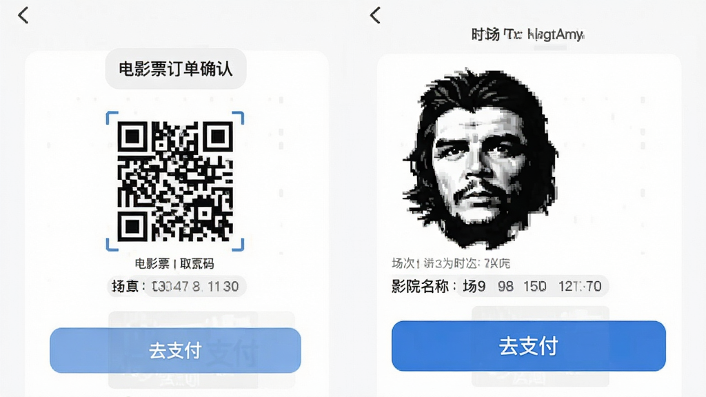 ����������App����ȷ��ҳ�棬������ʾ��ӰƱ��ά�롢ȡƱ�롢ӰԺ���ƺͳ�����Ϣ���ײ��С�ȥ֧������ť�������࣬���ֱ�ǩ��ȷ������ִ������ʸɾ����޶���Ԫ��