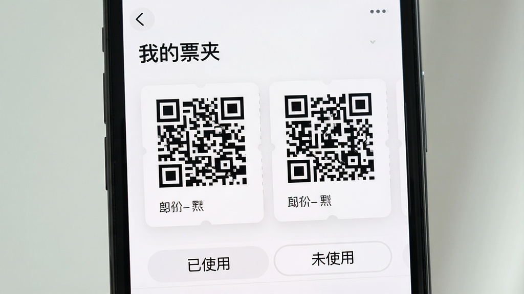 �ֻ���Ļչʾ����������App�ġ��ҵ�Ʊ�С�ҳ�棬�����������ŵ�ӰƱ��ά�뿨Ƭ��������ʾ���ҵ�Ʊ�С����⣬�ײ��С���ʹ�á���δʹ�á���ǩ������ɾ������������������������޶���Ԫ��
