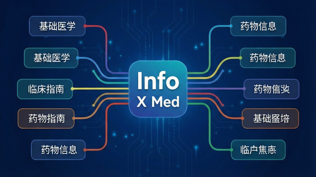 一张信息图风格的图片,画面中央是“Info X Med”应用图标,图标周围延伸出多条彩色线条连接着不同的知识模块,模块上标注“基础医学”、“临床指南”、“药物信息”等字样,背景为深蓝色,整体设计具有科技感和专业感,排版整齐,画质干净无多余元素。