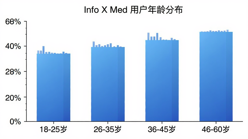 一张柱状图,横轴为年龄段“18-25岁”、“26-35岁”、“36-45岁”、“46-60岁”,纵轴为用户占比百分比,柱子颜色为蓝色渐变,图表标题为“Info X Med 用户年龄分布”,背景为白色,风格简洁,画质干净无多余元素。