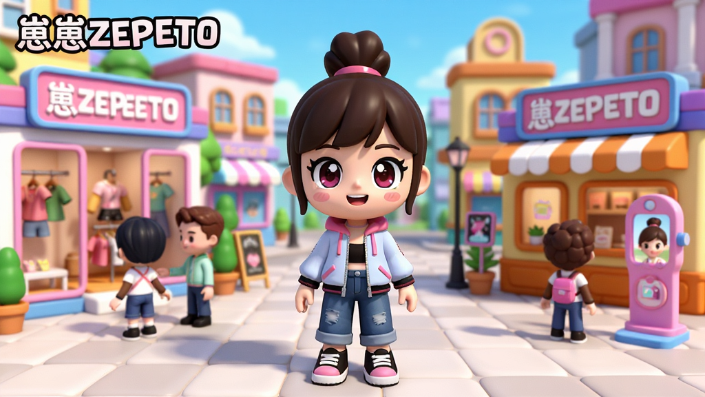 һ��չʾ����ZEPETO����ȫò��ͼƬ��������һ���ɰ���3D��������վ��ɫ���ͷ׵�������й㳡���룬��Χ�з�װ�ꡢ�����������մ򿨵㣬����Ϊ�����ֻ���Ļ�������Ű�ͻ����ɫ�ͳ����ķḻ�ԣ����Ϊ3D��ͨ��Ⱦ��ϸ�ڰ�����ɫ����ʱ�з�װ���������������������������ɫ�ڻ��������ʸ���ɾ��޶���Ԫ�أ�ͼƬ�д������֡�����ZEPETO��