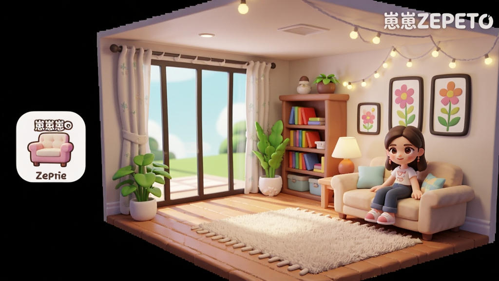 һ��չʾ����ZEPETO���Ի���԰ϵͳ��ͼƬ��������һ��������ܰ��3D���ⷿ�䣬����Ϊ����ȫ���ӽǣ��Ű������ʾ�Ҿ��̳�ͼ�꣬�Ҳ�չʾ��ɫ����ɳ���ϣ����Ϊ3D��ͨ��Ⱦ��ϸ�ڰ�����ش�����̺����ܡ���ֲ��ǽ�ϵ�װ�λ������ʸ���ɾ��޶���Ԫ�أ�ͼƬ�д������֡�����ZEPETO��