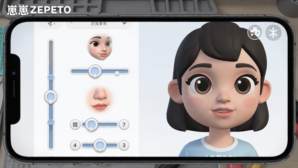 һ��չʾ����ZEPETO���ֲ��������ͼƬ���������ֻ���Ļ��ʾ3D��ɫ�������棬����Ϊ�����ͼ����Ű������ʾ�����������飬�Ҳ�չʾ��ɫԤ�������Ϊ3D��ͨ��Ⱦ��ϸ�ڰ����۾������ӡ���͵���ѡ�����Ϊǳ��ɫ����̨�����ʸ���ɾ��޶���Ԫ�أ�ͼƬ�д������֡�����ZEPETO��