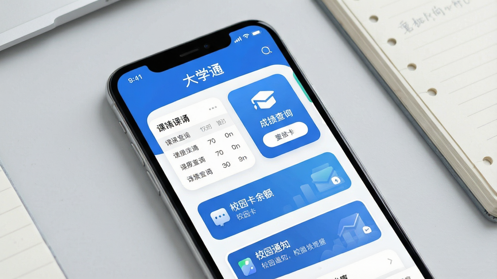 һ��չʾ��ѧͨApp���Ľ�����ֻ�����ͼ�����������Ǵ�ѧͨApp��ҳ��������ʾ����ѧͨ�������֣�ҳ�沼�ְ����α���Ƭ���ɼ���ѯ��ڡ�У԰������У԰֪ͨ�����������ɫ������Ϊ����������ִ���ͼ��Բ��������������ǳ��ɫ�����һ�������ıʼǱ������ʸɾ��޶���Ԫ��