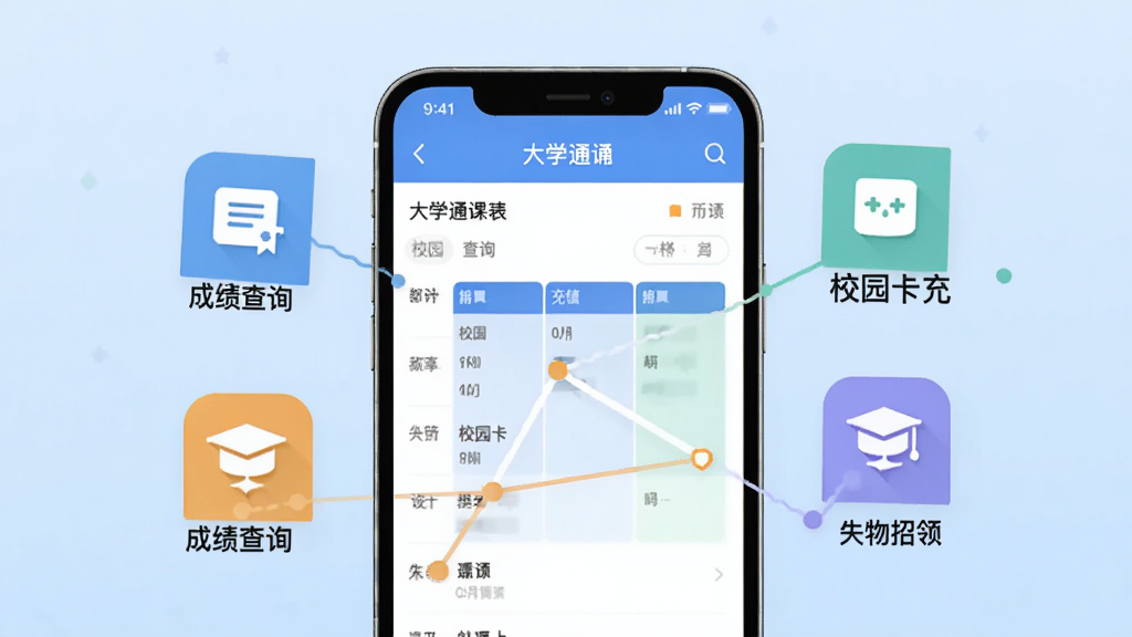 ��ѧͨApp����չʾͼ��������һ���ֻ���Ļ��ʾ��ѧͨ�α����棬�Ա�Ư���ųɼ���ѯ��У԰����ֵ��ʧ�������Сͼ�꣬�������ƽ������ɫ���£�����Ϊǳ��ɫ���䣬���ʸɾ��޶���Ԫ��