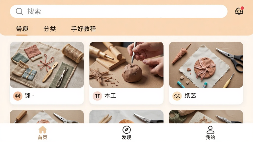 �����App�������ͼ���Ϸ����������ͷ����ǩ���м��Ǹ����ֹ��̳̿�Ƭ�ٲ������������ա�ľ���������ֽ�յ�����ͼ���ײ�Ϊ��ҳ�����֡��ҵ�����������ť������ɫ����ů��ͣ�����������������¼�࣬���ʸɾ��޶���Ԫ��