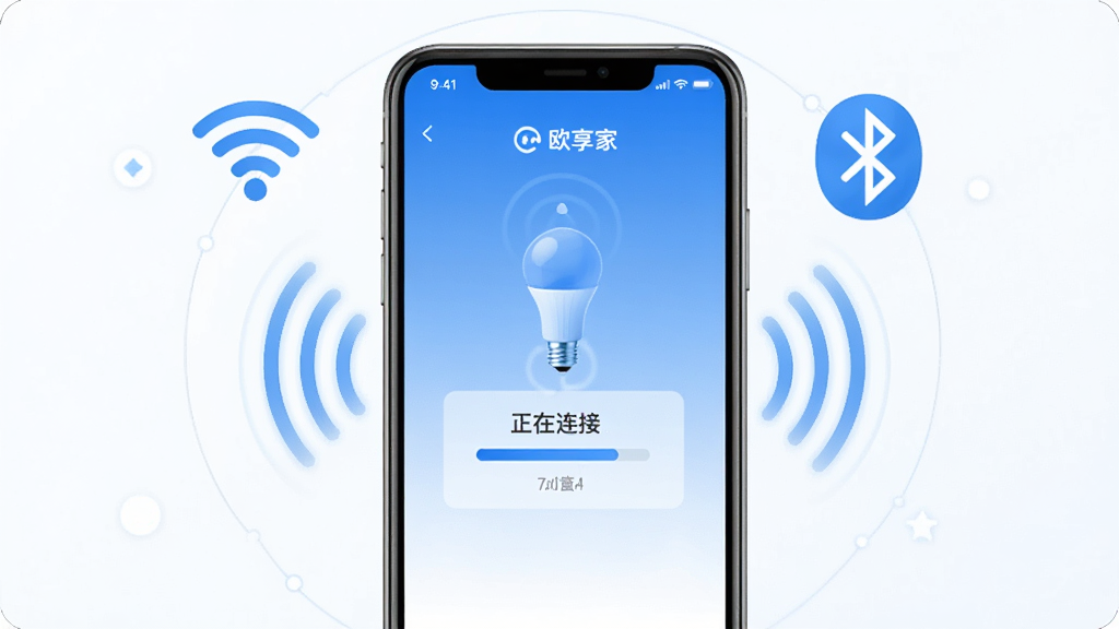 һ��չʾŷ����App�豸���ӽ����ʾ��ͼ��������һ���ֻ���ͨ�������ź�����һ�����ܵ��ݣ��ֻ���Ļ����ʾ�š��������ӡ��Ľ�����ʾ����Χ������WiFi��������ͼ��Ԫ�أ�������Ƽ���ʮ�㵫���ּ�࣬ɫ������ɫ�Ͱ�ɫΪ�������ʸɾ��������޶���Ԫ��
