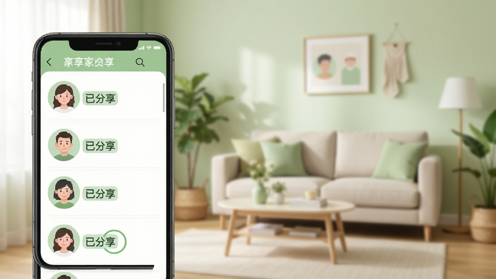 һ��չʾŷ����App�豸�������ܵ�ʾ��ͼ��������һ���ֻ���Ļ����ʾ�ż�ͥ��Ա��ͷ���б���ÿ��ͷ���Ա��С��ѷ������ı�ǩ����������ܰ�ļ�ͥ�������������������Ѻã�ɫ����ǳ��ɫ�Ͱ�ɫΪ�������ʸɾ��������޶���Ԫ��