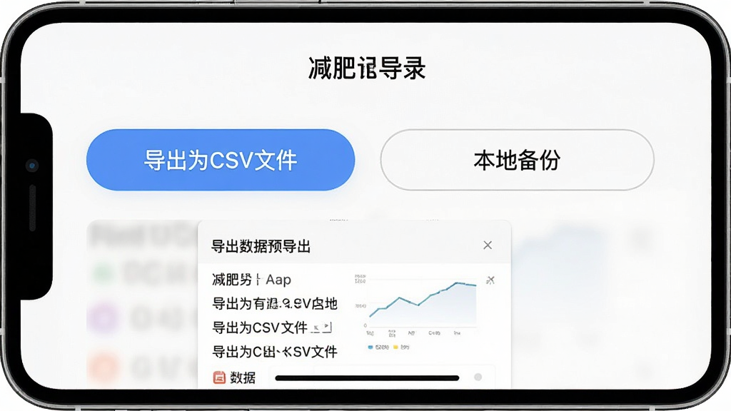 һ���ֻ������ͼ��չʾ�����ʼ�¼��App�����ݵ���ҳ�棬ҳ������һ��������ΪCSV�ļ����İ�ť��һ�������ر��ݡ��İ�ť���·��е������ݵ�Ԥ��Сͼ�����汳���Ǹɾ��İ�ɫ����ť��Բ�Ǿ��Σ������ʵ�ã����ʸɾ��޶���Ԫ��