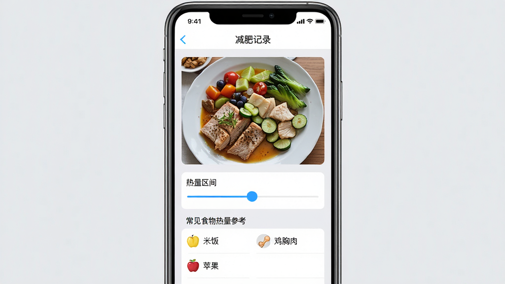 һ���ֻ������ͼ��չʾ�����ʼ�¼��App����ʳ��¼ҳ�棬ҳ���м���һ�Ÿ��ĵ������Ƭ����Ƭ�·��С��������䡱�������ͳ���ʳ�������ο��б����б������׷���ƻ�����������ѡ����汳����ǳ��ɫ�������ˬ�����ʸɾ��޶���Ԫ��