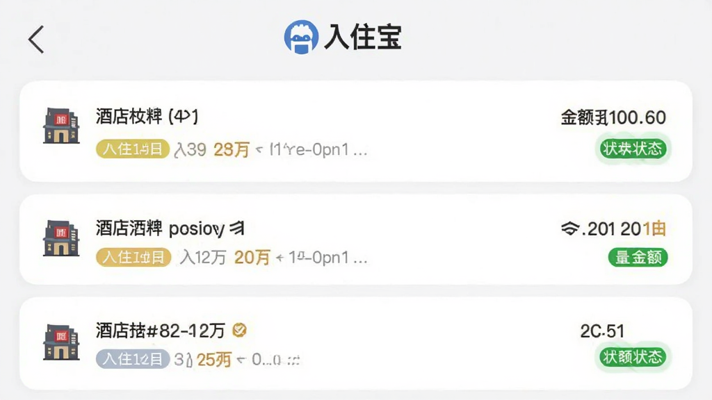 �ֻ�APP�����б������ͼ��񣬶�����ʾ����ס����logo���·��ǿ�Ƭʽ�����б���ÿ����Ƭ���оƵ����ơ���ס���ڡ�����״̬��ǩ�������Ƕ����б������ִ��ϵ������У����������ϸ�ڰ�����ͬ��ɫ��״̬��ǩ�;Ƶ�Сͼ�꣬���ʸɾ����޶���Ԫ��