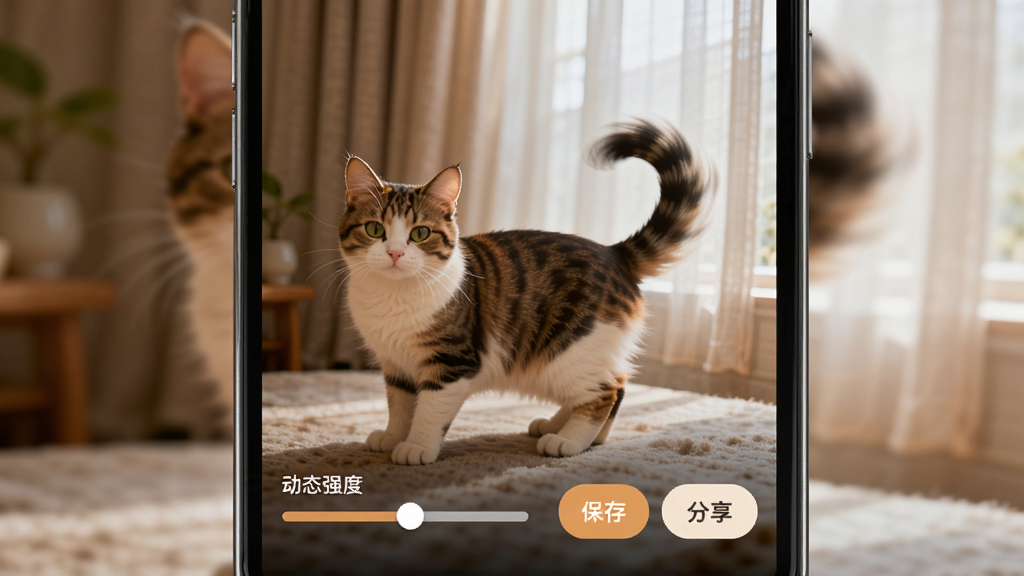 �������Ĺ�����ʾ���棬�ֻ���Ļ������һ�ž�ֹ��è����Ƭ��ͨ������������è���β�ͺͱ����Ĵ�����������΢�İڶ�Ч������Ļ�·�չʾ�š���̬ǿ�ȡ����ڻ��飬�Ա��С����桱�͡���������ť����������ů�ɰ�������������