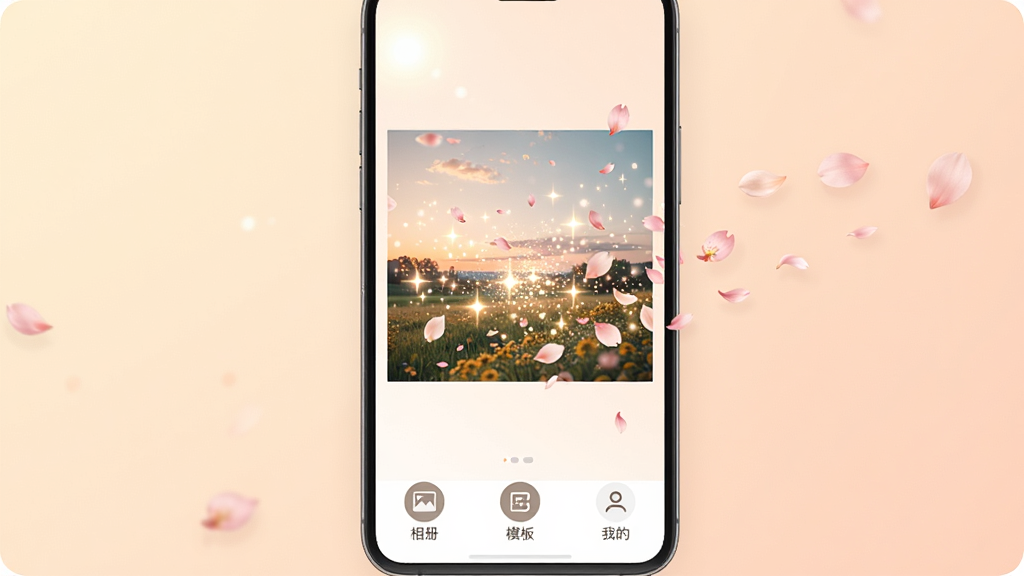 ��������Ӧ��������չʾ����������͵�ůɫ������Ļ����չʾ��һ�����ڱ����Ӷ�̬����Ч���ķ羰��Ƭ����Ƭ������˸�Ĺ���Ʈ��Ļ��꣬����ײ��С���ᡱ��ģ�塱���ҵġ�����Բ��ͼ�꣬������¼�࣬���ʸɾ��޶���Ԫ�ء�