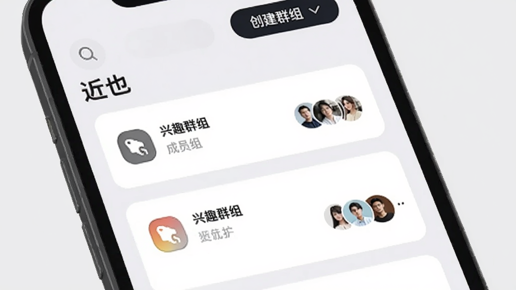 ��ҲApp��ȤȺ����棬�ֻ���Ļ��չʾ����Ҳ����Ⱥ���б���ÿ��Ⱥ�鿨Ƭ���б�ǩͼ��ͳ�Աͷ�񣬶����������ʹ���Ⱥ�鰴ť������Ϊǳ��ɫ����ƬΪ��ɫԲ�Ǿ��Σ�������ִ������ʸɾ��޶���Ԫ��