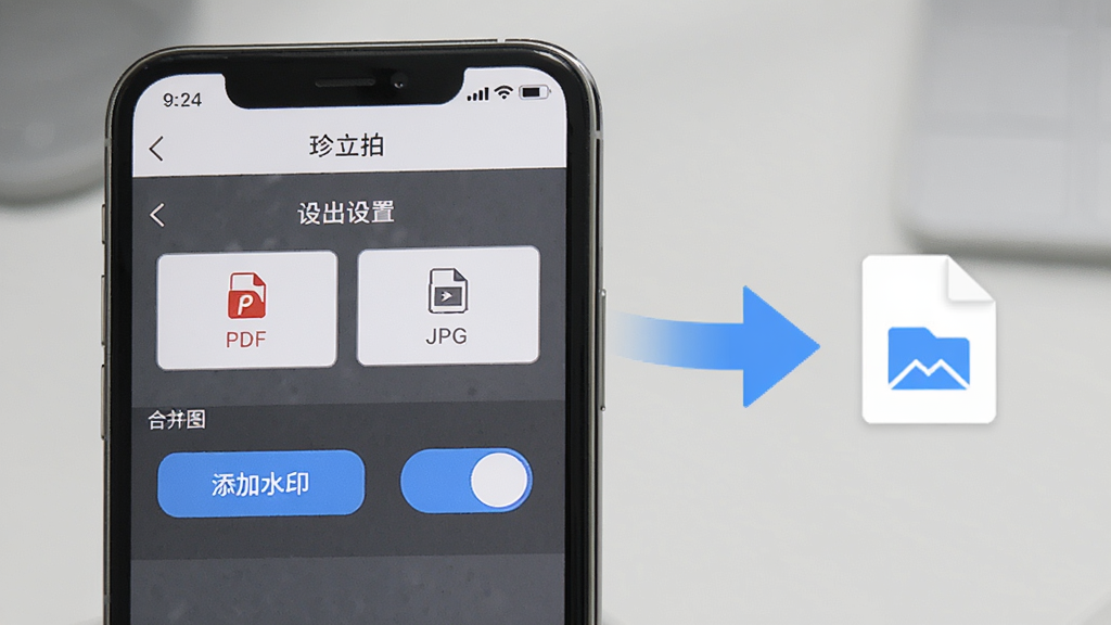 �����Ŀ��ٷ����뵼������չʾͼ���ֻ���Ļ��ʾ������App�ĵ������ý��棬��PDF��JPG��ʽѡ��·��кϲ�ͼƬ������ˮӡ�Ŀ��ذ�ť����Ļ�Ա����ļ�����ļ�ͷ������������Ч��ϸ�����������ʸɾ����޶���Ԫ�ء�