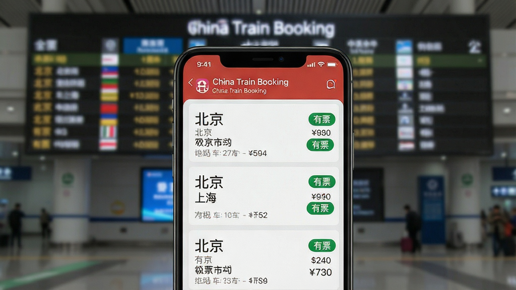 һ��չʾ China Train Booking Ӧ��ʵʱ��Ʊ��ѯ���ܵ�ͼƬ���������ֻ���Ļ��ʾ�Ŵӱ������Ϻ��ĸ��������б���ÿ�������Ա�����ɫ�ġ���Ʊ����ǩ�;������λ���ͼ��۸񡣱�����ģ���Ļ�վ���������дʵ��ϸ�����������ʸɾ����޶���Ԫ�ء�