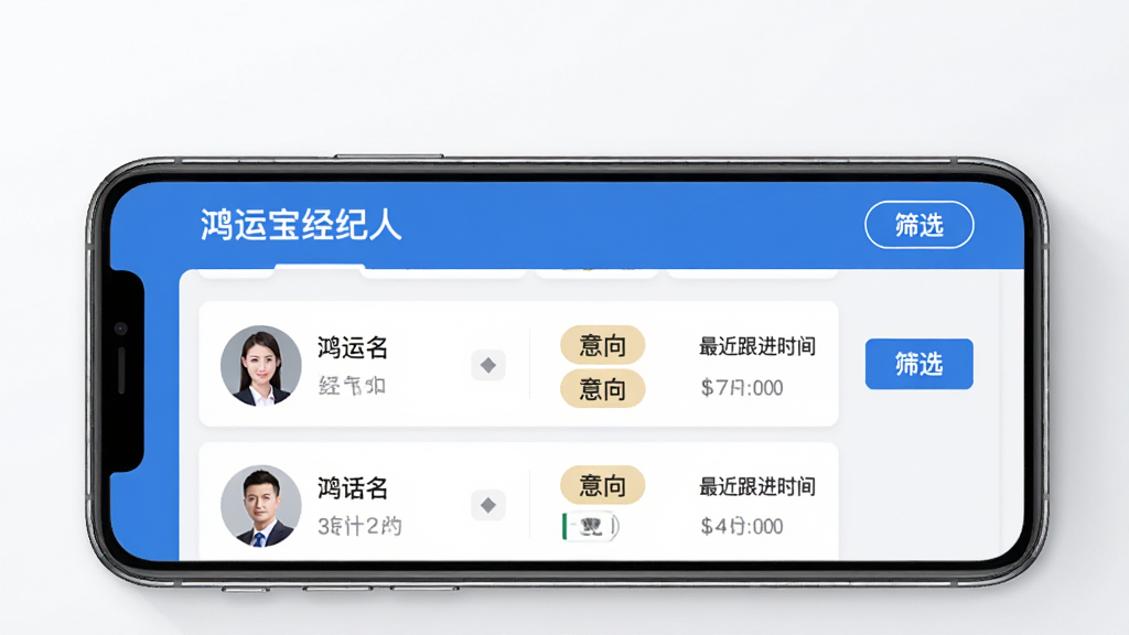 ���˱������˿ͻ��������棬������һ���ֻ�����չʾ����Ļ����ʾ�����˱������ˡ��ͻ��б�ҳ�棬�б�������ͻ�ͷ�������������ǩ���������ʱ�䣬�Ҳ���ɸѡ��ť�������ɾ������������������ɫ�����������޶���Ԫ��