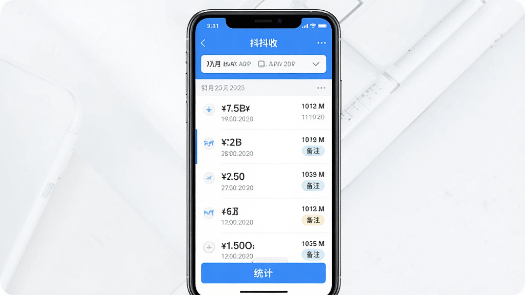 һ�š������ա�APP�˵�ҳ���չʾͼ����������Ϊ�ֻ���Ļ����Ļ����ʾ���������е��տ��¼�б���ÿ����¼������ʱ�䡢��ע��ǩ���������·�ɸѡ�����ײ���ͳ����ڣ�����������������ִ���������ɫ�����ʸɾ����޶���Ԫ�ء�