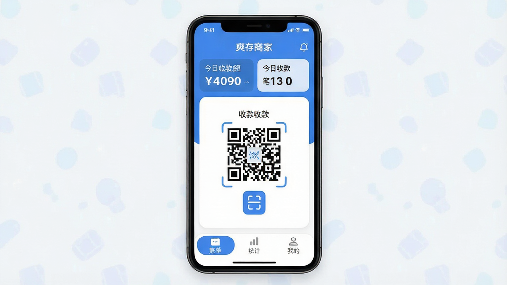 一张展示“爽存商家”应用核心界面的手机样机图,画面中央是手机屏幕,屏幕内显示“爽存商家”的收款主页,顶部有今日收款金额和笔数,中间是醒目的收款二维码和扫码图标,底部是账单、统计、我的三个选项卡。整体布局采用现代扁平化设计,主色调为蓝色和白色,细节圆润,画质干净清晰,无多余装饰元素,背景简洁。