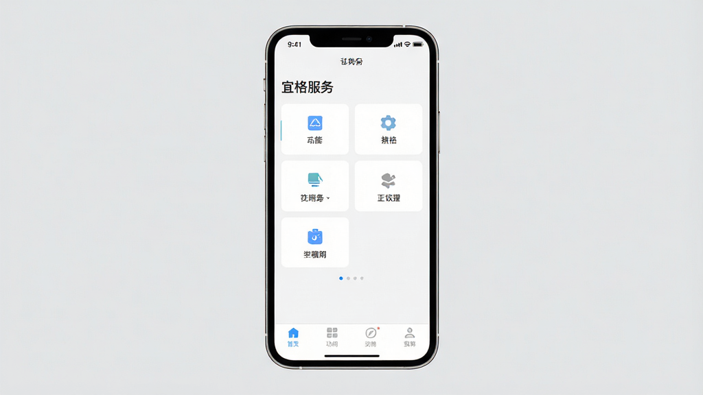 手机界面设计展示,画面中央是“宜格服务”App的首页截图,屏幕干净整洁,没有弹窗和广告横幅,顶部状态栏显示时间和信号,主区域是功能入口,底部导航栏清晰可见,背景为纯色浅灰,整体视觉效果清爽简约,画质干净无多余元素