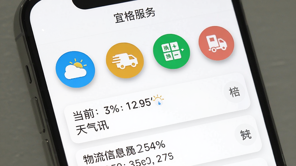 手机屏幕截图风格,展示“宜格服务”App的工具页面,画面上有天气图标、快递图标、换算图标等一排圆形功能按钮,下方显示当前天气简讯和快递物流信息,背景为白色,按钮有轻微阴影,风格干净利落,画质清晰无噪点
