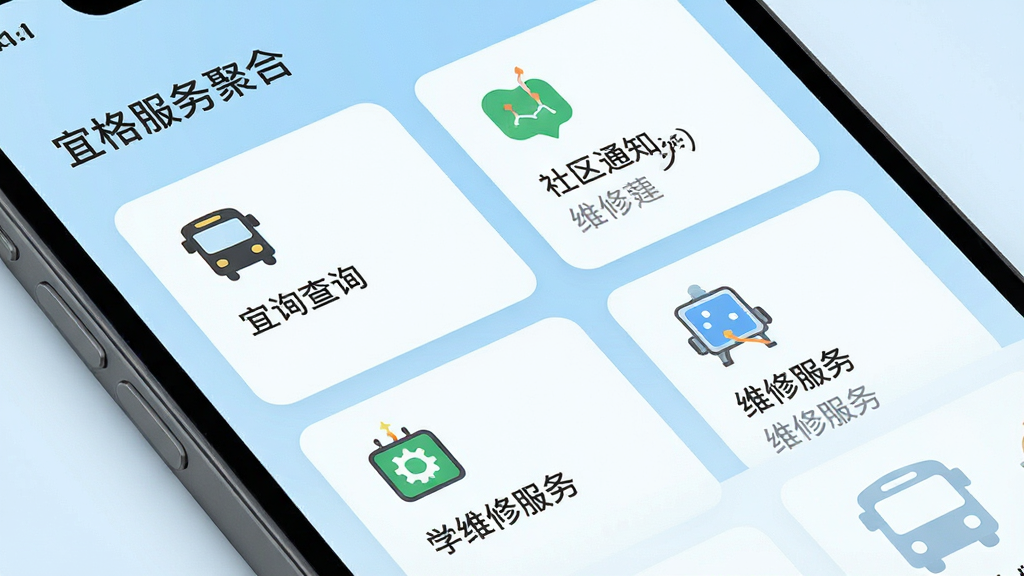 手机屏幕特写,展示“宜格服务”App的信息聚合页面,页面上排列着公交查询、社区通知、维修服务等卡片式信息模块,每个模块配有简洁的图标和文字说明,背景为浅蓝色渐变,风格清爽现代,布局错落有致,画质细腻干净