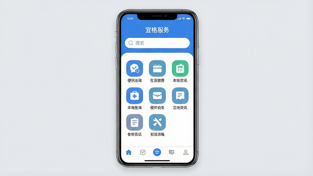 一张手机屏幕展示图,屏幕中央显示“宜格服务”App的主界面,界面采用蓝白配色,顶部有搜索栏,中间是功能图标网格,包含便民查询、生活缴费、本地资讯等图标,底部是导航栏,背景是柔和的浅灰色,整体风格简洁现代扁平化,图标圆润清晰,画质干净无多余元素