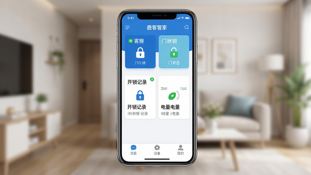 ¹�͹ܼ�APP������չʾ������������һ�������ֻ����ֻ���Ļ����ʾ¹�͹ܼ�Ӧ����ҳ�����ֶ���Ϊ��ͥ���ƺ�����״̬��Ƭ���м��ǿ�����¼�͵�����ʾ���򣬵ײ�Ϊ��Ϣ���豸���ҵ�����ѡ������������ִ���������ɫΪ��������ɾ��޶���Ԫ�أ����廭�ʣ����������ɱ棬����ͼ���״̬��ʶ���ԣ�����Ϊ��͵ļҾӻ����黯Ч��