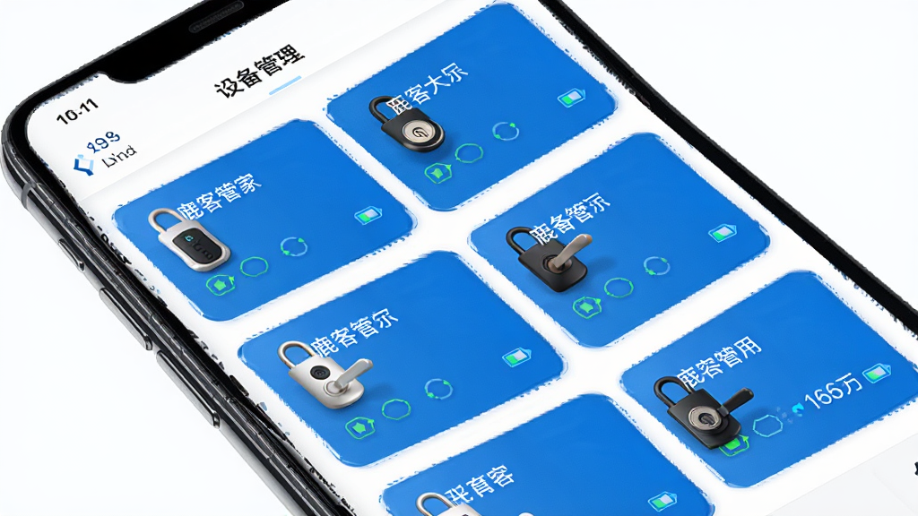 ¹�͹ܼҶ��豸�������棬�ֻ���Ļչʾ�豸�б�ҳ�棬ҳ������ʾ���������Ƭ��ÿ����Ƭ�����������ơ�״̬ͼ��͵�����Ϣ���������룬������ɫ��ͼ�꾫�£�����Ϊ����ɫ������ɾ�������Ԫ�أ����廭�ʣ���������