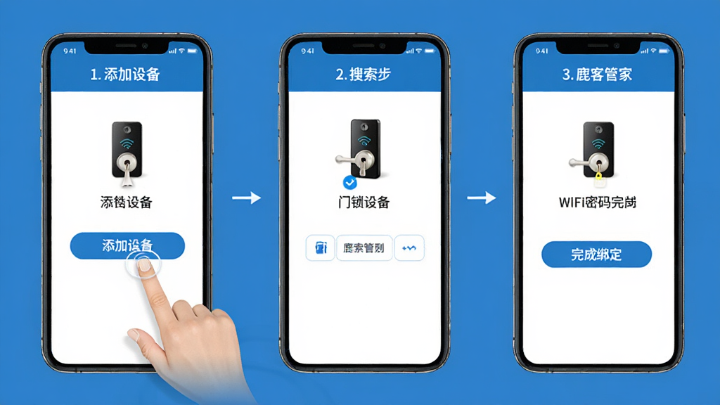 ¹�͹ܼ������豸��������ʾ��ͼ������չʾ�ֻ���Ļ�������������裬��һ����������豸��ť���ڶ��������������豸������������WiFi������ɰ󶨣�������ͳһΪ����ɫ����ͼ���࣬����˵������������Ϊ��ɫ�����廭�ʣ���������