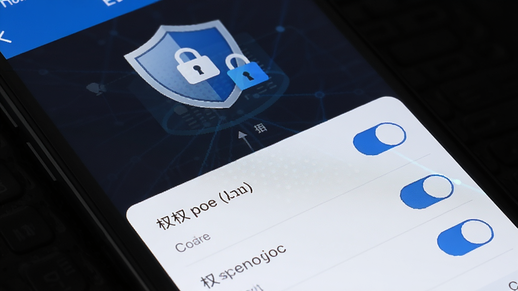 手机定位查找软件隐私安全设置页面,手机屏幕显示一个盾牌图标和加密锁标志,下方有权限管理列表和开关按钮,界面采用深色背景配蓝色高亮,风格沉稳专业,画质清晰无杂乱元素