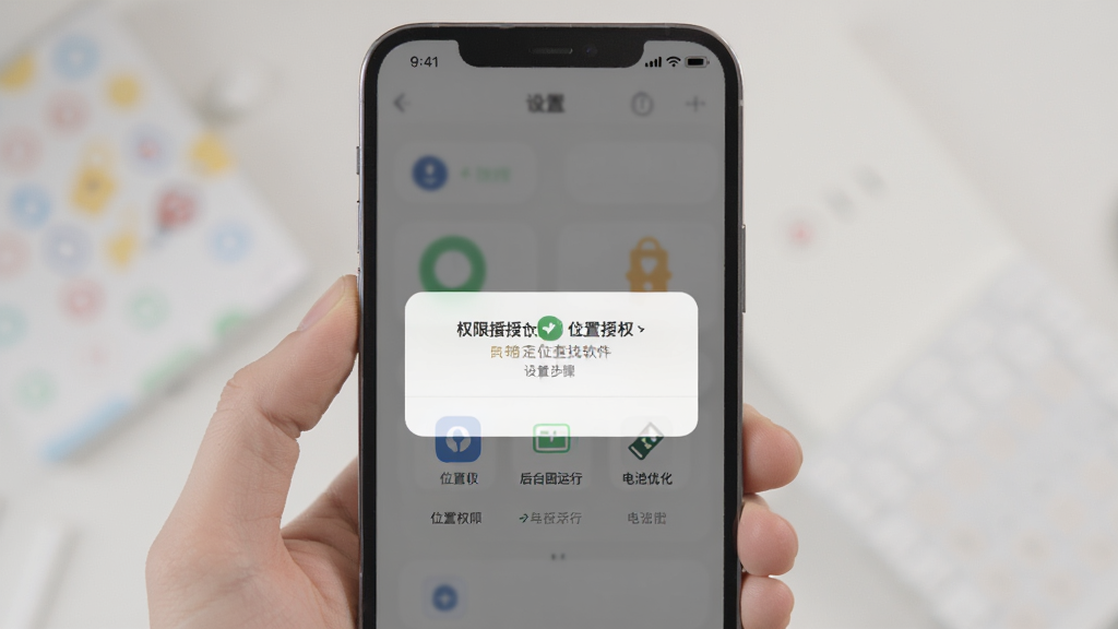 手机定位查找软件新手设置引导界面,手机屏幕显示权限授权弹窗和设置步骤图示,有位置权限、后台运行、电池优化三个图标排列,界面风格简洁明了,配色柔和,画质干净