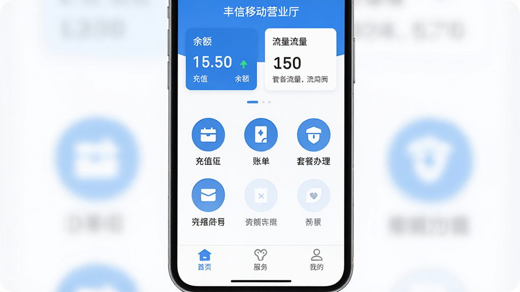һ���ֻ���Ļչʾ�����ƶ�Ӫҵ��App�����棬������ʾ����������Ƭ���м��ǳ�ֵ���˵����ײͰ�����Բ��ͼ�꣬�ײ�������Ϊ��ҳ�������ҵģ�����������ɫ����ƽ����ƣ�������ִ������ʸɾ��������޶���Ԫ��
