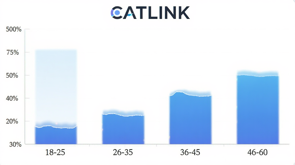һ��չʾCATLINK APP�û�����ֲ�����״ͼ�������������18-25��26-35��36-45��46-60���������û�ռ�Ȱٷֱȣ���״ͼ��ɫΪ��ɫ���䣬ͼ���Ϸ��С�CATLINK����ʶ��������ɫ��࣬���������ɾ����޶���Ԫ��