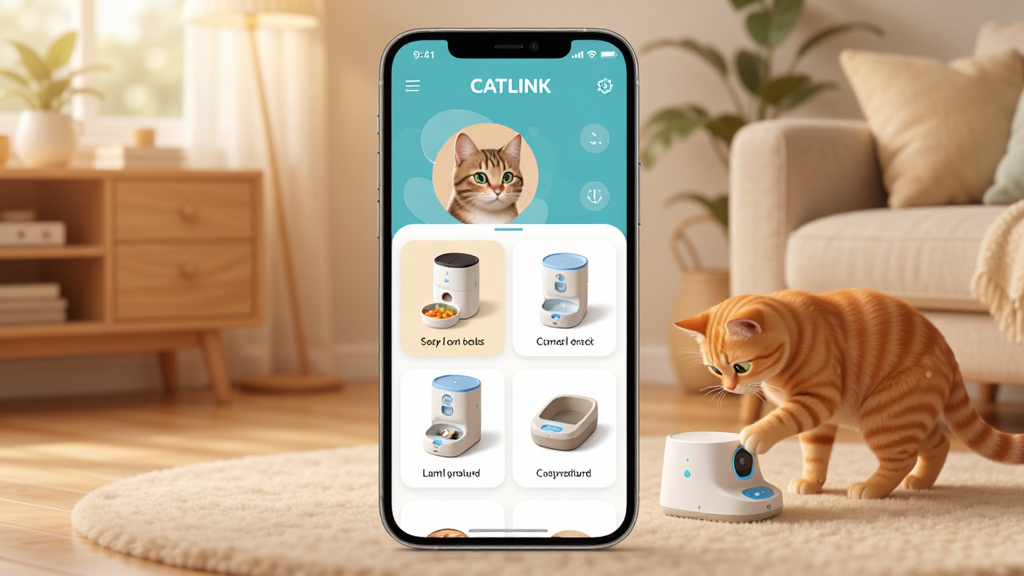 һ��չʾCATLINK������èAPP���Ľ����ͼƬ�������������ֻ���Ļ����Ļ����ʾ��è��ͷ�������ιʳ������ˮ����èɰ����豸��Ƭ���Ϸ��С�CATLINK��Ʒ�Ʊ�ʶ����������ܰ�ļҾӻ�����һֻ��è�������豸����ˣ�����岼�������������ů�ִ������ʸɾ����壬�޶���Ԫ��