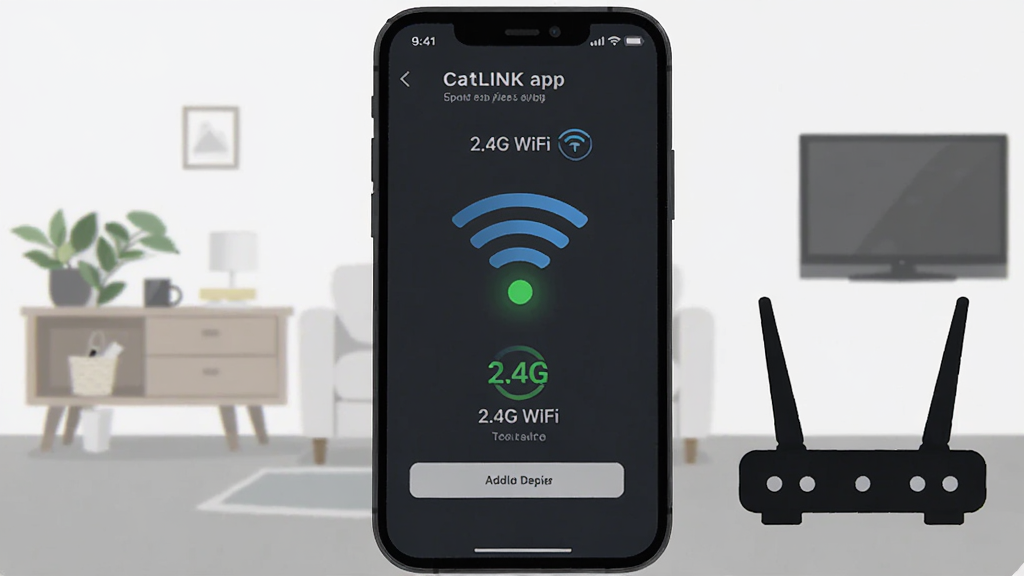 һ��չʾCATLINK APP�豸���������ͼƬ���������ֻ���Ļ��ʾ�����豸���棬��2.4G WiFi��ʾ��ָʾ����˸��ͼʾ���Ա���·����ͼ�꣬�����Ǽ��ļҾӻ���������ƽ�������ʸɾ��������޶���Ԫ��