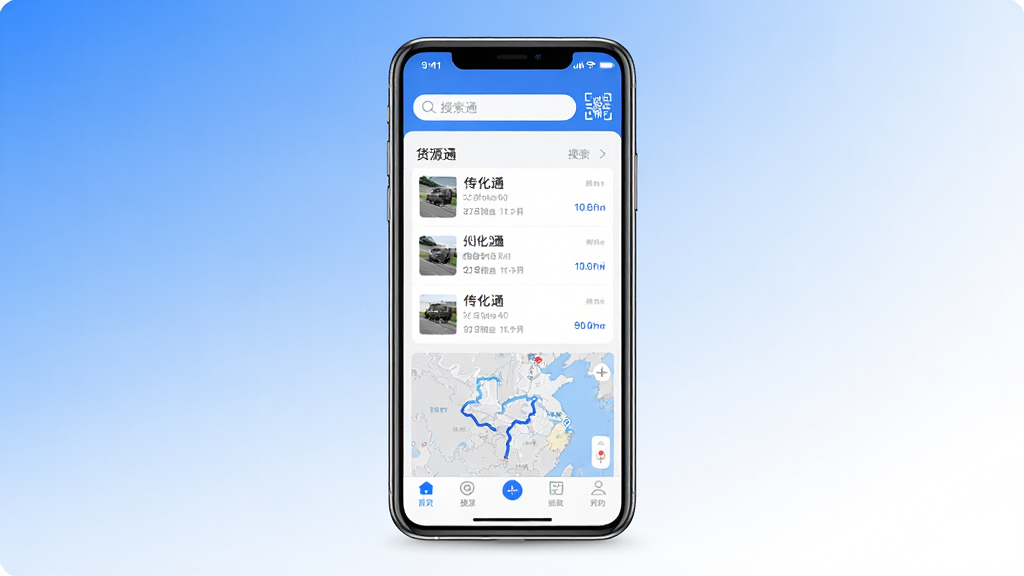 һ��չʾ����ͨAPP���Ľ�����ֻ�����ͼ�������������ֻ���Ļ����Ļ����ʾ����ͨ�����棬�������������ɨ����ڣ��м��ǻ�Դ�б��͵�ͼ�켣����ͼ���ײ������������ɼ��������Ǽ������׽��������岼�ָɾ��ִ��������������޶���Ԫ��
