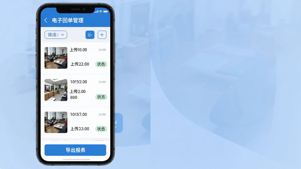 һ�Ŵ���ͨAPP���ӻص����������ʾ��ͼ���������ֻ���Ļ��ʾ�ص��б���ÿ����¼������ͼ���ϴ�ʱ���״̬��ǩ��������ɸѡ��ť���ײ��е���������ť�����岼����������ɫ�Ͱ�ɫΪ��ɫ�������ʸɾ����޶���Ԫ��