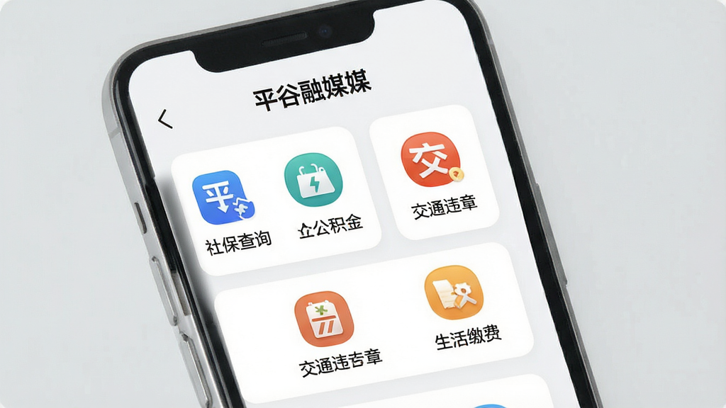 һ��չʾ�ֻ�App��������ܽ����ͼƬ���������ֻ���Ļ��ʾ��ƽ����ý��App�ķ���ҳ�棬ҳ�����������籣��ѯ�������𡢽�ͨΥ�¡�����ɷѵ�ͼ�갴ť��ÿ����ť�������������ֱ�ǩ����������͵�ǳ��ɫ��������Ƽ��󷽣�ͼ����ͳһ�����ʸɾ��������޶���װ��Ԫ��