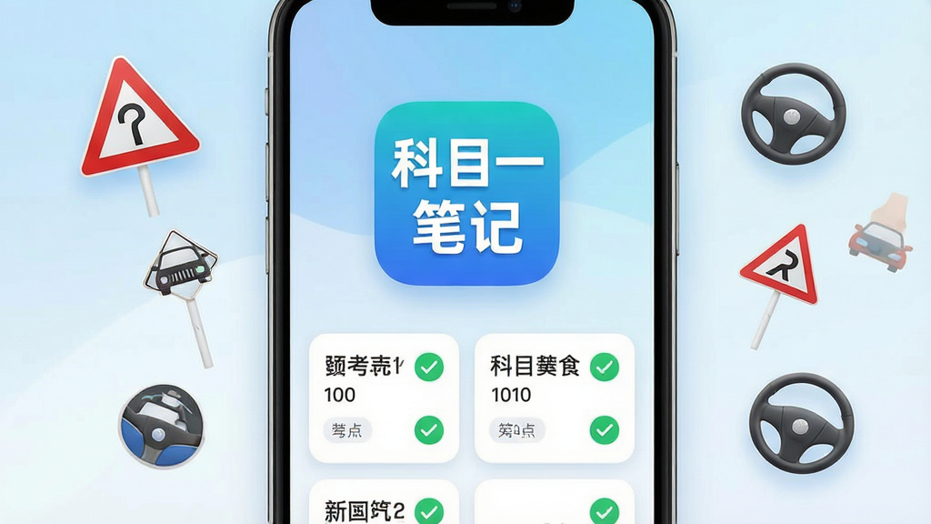 一个清爽的手机屏幕画面,屏幕中央有醒目的“科目一笔记”应用图标,图标下方是整齐排列的驾考题目卡片和绿色的对勾标记,背景是柔和的蓝白渐变,周围漂浮着交通标志和方向盘的小元素,整体风格简洁明快,画质清晰干净,无多余元素