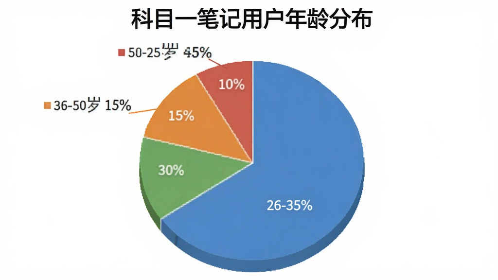 一个饼状图,标题为“科目一笔记用户年龄分布”,显示18-25岁占45%,26-35岁占30%,36-50岁占15%,50岁以上占10%,颜色分别为蓝色、绿色、橙色和红色,背景白色,图表简洁清晰,无多余元素