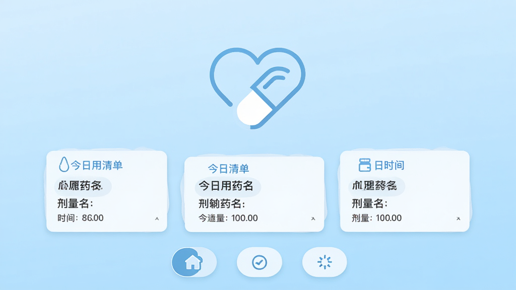 心泰医嘱软件主界面展示,浅蓝色渐变背景,中央是简洁的药丸图标与心形结合的设计,下方排列着今日用药清单卡片,每张卡片上有药名、剂量和时间,底部有三个圆润的导航按钮,整体风格清新、医疗感、扁平化,画质干净无多余元素