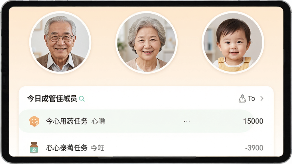 心泰医嘱的多成员管理界面,顶部横向排列着三个家庭成员头像,分别是爷爷、奶奶和小孩,下方显示当前选中成员的今日用药任务列表,界面温馨、色彩柔和,画质干净无多余元素