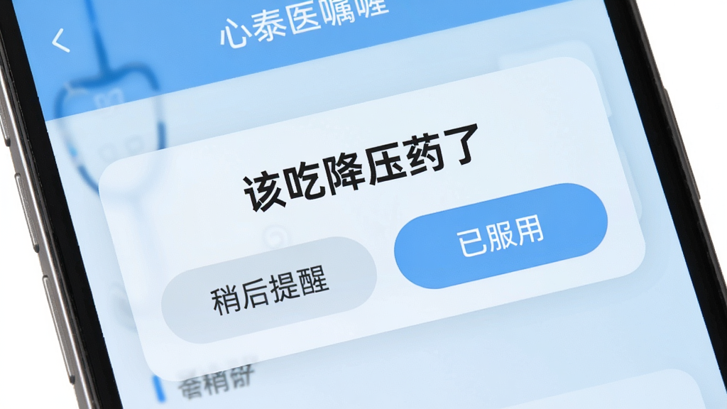 心泰医嘱的智能提醒界面,手机屏幕显示一条弹窗提醒,上面写着“该吃降压药了”,旁边有“稍后提醒”和“已服用”两个大按钮,背景是柔和的蓝色,界面设计简洁清晰,文字醒目,画质干净无多余元素