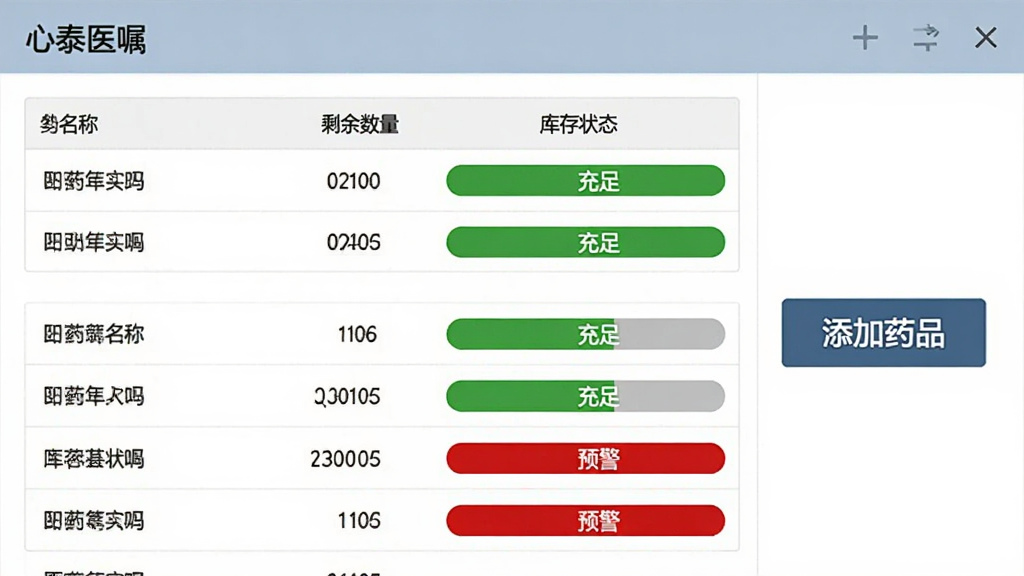 心泰医嘱的药品库存管理界面,列表展示多种药品名称、剩余数量和库存状态条,有的显示绿色充足,有的显示红色预警,界面右侧有醒目的“添加药品”按钮,整体风格简洁实用,画质干净无多余元素