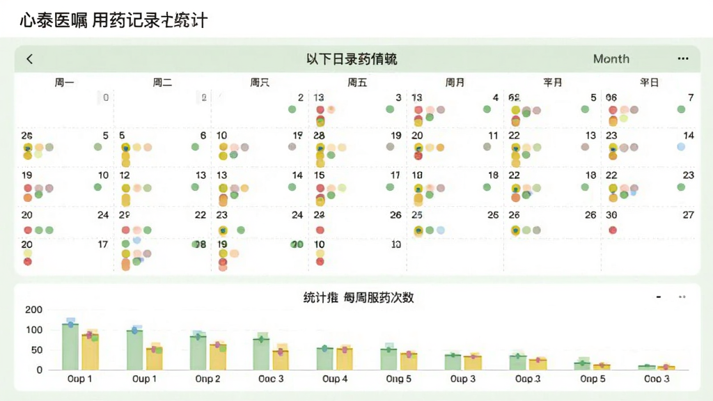 心泰医嘱的用药记录统计页面,展示一个月的日历视图,每天格子里有不同颜色的小圆点表示用药情况,下方有柱状图统计每周服药次数,界面以白色和淡绿色为主,数据可视化清晰,画质干净无多余元素