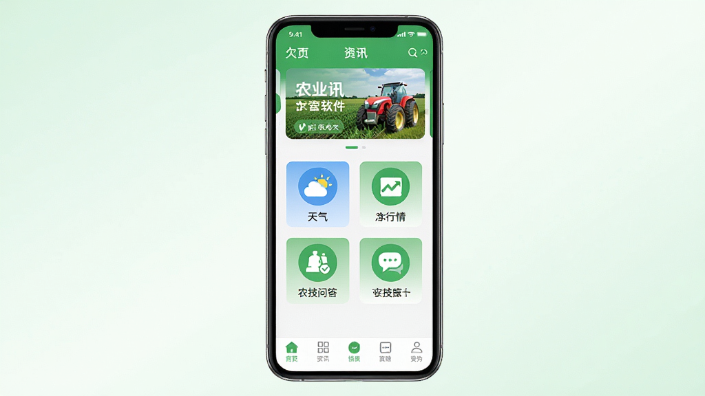 ��aũ����������ȫòչʾ��һ���ֻ�Ӧ������Ļ���룬������ˬ�������ɫ�Ͱ�ɫΪ��ɫ����������ʾũҵ��Ѷ�ֲ�ͼ���м��й���ͼ�����������������顢ũ���ʴ𣬵ײ�Ϊ�������������Ǹɾ���ǳɫ���䣬�������ִ���ƽ�������������ɾ����޶���Ԫ��